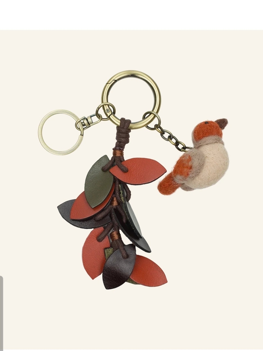 Cute Bird Keychain with Leather Leaf Tassel - Orange & Olive NWT Patricia Nash